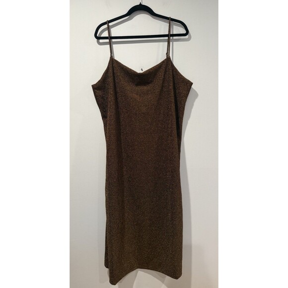 NEW H&M Dress Womens XL Brown/Bronze Spaghetti Strap Slit Shimmer Stretch Adjust - Picture 1 of 6